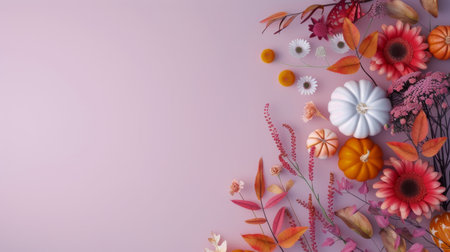 A vibrant assortment of pumpkins in various colors and sizes is surrounded by colorful autumn leaves and flowers, creating a seasonal display against a soft gray background.の素材