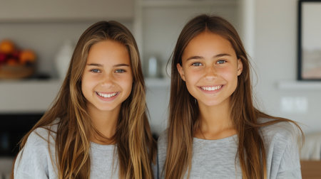 Two teenage girls with long hair smile joyfully while standing close to each other in a warm, inviting living space, showcasing a friendly and cheerful atmosphere.の素材
