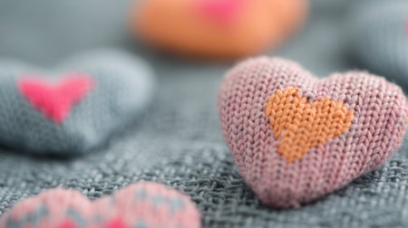 A collection of vibrant knitted hearts in various colors lies scattered over a soft textile surface, creating a warm and inviting atmosphere perfect for celebration or decoration.の素材