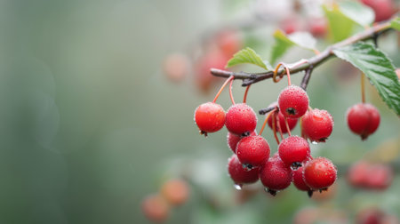 Clusters of ripe orange berries hang from green leaves, illuminated by soft sunlight in a lush garden, showing nature's vibrant colors and ripe fruits during the warm late summer.の素材