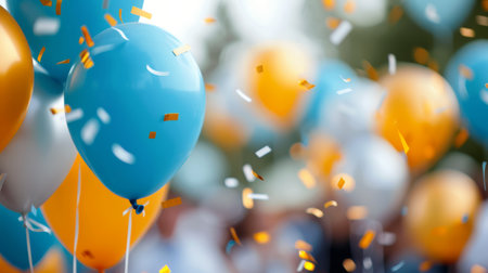 A cluster of vibrant balloons in gold, silver, and blue rises against a backdrop of shimmering lights, creating a festive atmosphere perfect for a celebration or party.の素材