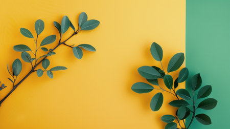 Fresh green leaves gently reach toward a vibrant yellow background, creating a striking contrast and highlighting the beauty of nature in a simple yet eye-catching composition.の素材