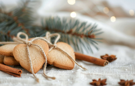 Heart-shaped ginger cookies arranged with cinnamon sticks and pine branches on a textured tablecloth create a cozy, festive atmosphere perfect for the holiday season.の素材