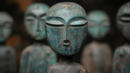 A serene Buddhist statue stands with hands clasped in a peaceful gesture, surrounded by a tranquil temple garden bathed in golden light during sunset.の素材