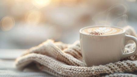 A steaming cup of coffee rests on a soft knit blanket, with warm morning light softly illuminating the scene and creating a cozy atmosphere. The gentle steam rises, adding a serene touch to the setting.の素材