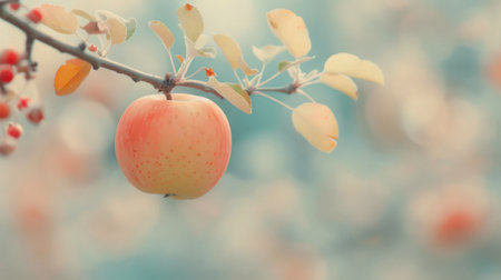 A vibrant red apple clings to a tree branch, adorned with droplets of rain. The surrounding foliage is lush, creating a serene atmosphere in the orchard as soft sunlight filters through.の素材