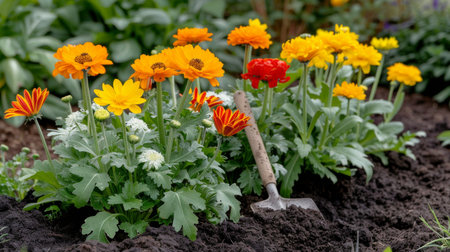 A gardener is tilling the soil among vibrant flowers in full bloom, showing the beauty of spring. The glowing sunlight enhances the colors of the blossoms, creating a lively and inviting atmosphere.の素材