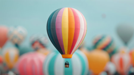 A vibrant hot air balloon with red and white stripes rises gracefully against a bright blue sky, capturing the essence of peaceful adventure and exploration.の素材