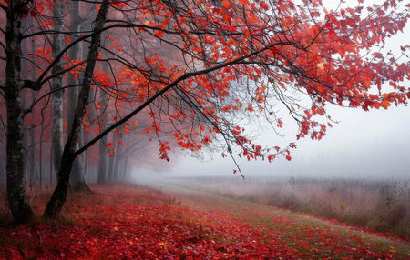 A winding pathway is blanketed in red leaves as a tree with vivid foliage stands amidst the mist. The scene captures the essence of an autumn morning, evoking a sense of tranquility and beauty.の素材
