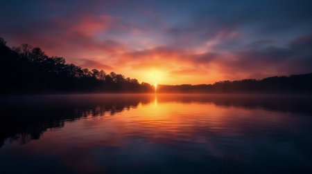 The sun rises over a tranquil lake, casting vibrant colors across the sky. Mist hovers above the water, creating a peaceful morning atmosphere with lush trees framing the horizon.の素材