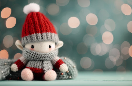 A charming knitted snowman toy sits quietly on a light green surface, dressed in a cozy red and gray striped hat and sweater, perfect for festive decor or as a delightful gift for children.の素材