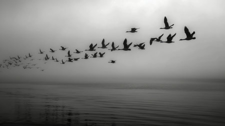 A flock of birds gracefully glides above serene waters at dusk, with a rocky outcrop emerging in the background, enveloped in a soft mist that hints at the tranquility of the evening.の素材