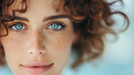 A young woman with curly hair showcases her striking blue eyes, expressing confidence and beauty. She stands close to the camera, with a soft light illuminating her features against a neutral background.の素材