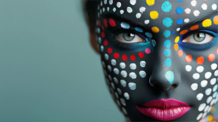Model showcases vibrant face paint featuring intricate patterns and vivid colors in a close-up composition. The artistic design highlights the eyes and enhances the overall creative expression.の素材
