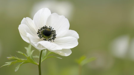 A delicate white anemone flower displays its intricate petals and dark center, beautifully lit by soft, diffused light, creating a serene and peaceful atmosphere in a natural setting.の素材