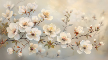 Delicate white flowers bloom on slender branches, showcasing intricate details and soft hues against a soothing beige backdrop, evoking a serene spring atmosphere.の素材