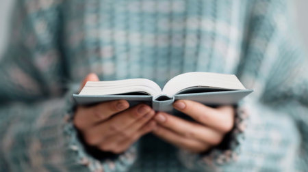 A pair of hands rests gently on an open book displaying intricate designs, surrounded by a softly lit atmosphere that emphasizes the textures and details of the pages.の素材