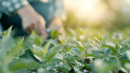 A person carefully nurtures young green plants in a garden, basking in the warm glow of the setting sun, demonstrating dedication to growth and cultivation during the evening hours.の素材