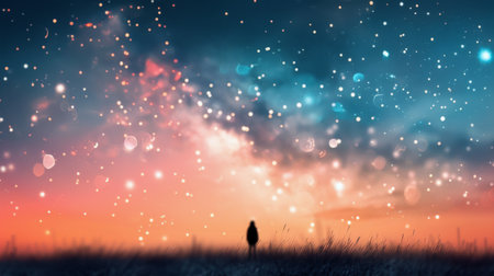 A solitary figure stands on a jetty, gazing upward at a breathtaking view of the Milky Way, surrounded by a serene body of water under a star-filled night sky.の素材