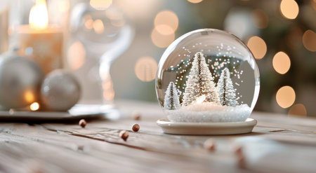 A delicate snow globe featuring a Christmas tree and a white ornament sits on a wooden table, surrounded by warm, glowing lights and festive decorations, capturing the essence of the holiday season.の素材