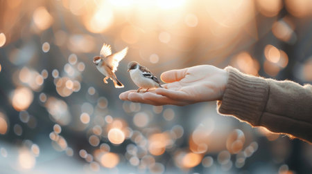 A person with a warm scarf holds out their hand as small birds gather around them, backlit by a golden sunset over a serene winter setting.の素材