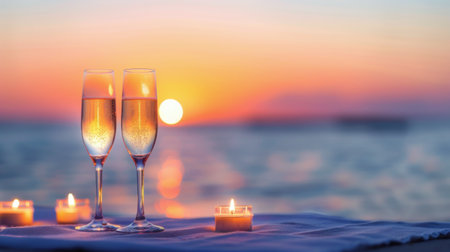 Two elegant champagne glasses sit on the shore, surrounded by flickering candles as the sun sets over the horizon, creating a romantic atmosphere perfect for a celebration.の素材
