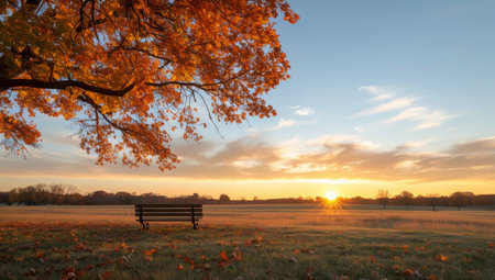 Golden sunlight casts a warm glow as autumn leaves frame a tranquil park bench in an open field during sunset, creating a serene atmosphere perfect for reflection.の素材