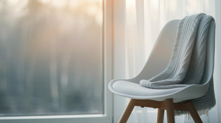 A sleek white chair stands elegantly in a stylish room, illuminated by sunlight pouring through large windows. The blurred urban landscape outside adds a contemporary touch to the serene interior design.の素材
