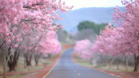 A peaceful road lined with blooming cherry blossom trees, creating a stunning display of pink petals under a soft sunset glow, inviting tranquility and reflection in natures beauty.の素材