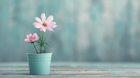 A single pink flower blooms in a light blue pot, standing out against a softly blurred background that enhances its vibrant color and delicate petals, creating a serene and calming atmosphere.の素材