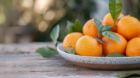 A plate holds whole oranges alongside two freshly halved oranges, displaying vibrant, juicy flesh, accented by green leaves, set against a rustic wooden surface.の素材