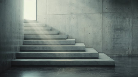 A sleek concrete staircase ascends alongside a large window that reveals a misty, forested landscape, creating a serene indoor atmosphere filled with natural light and subtle textures.の素材