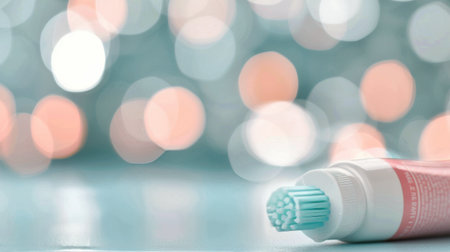 A light blue tube of skincare lotion rests on a textured surface adorned with droplets. Nearby, two translucent beads and delicate white flowers add a touch of nature to the serene setting.の素材