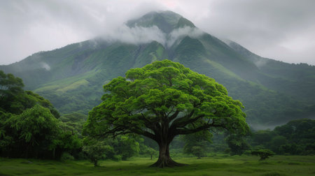 A solitary tree stands prominently in a vibrant green meadow, surrounded by dense forest. Soft morning light filters through the trees, casting an ethereal glow over the peaceful landscape.の素材