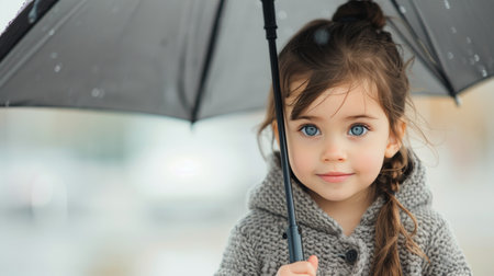 A child stands outside with a gray umbrella, wearing a cozy sweater. Raindrops can be seen falling, emphasizing the wet weather while the girl's striking blue eyes capture the mood of the day.の素材