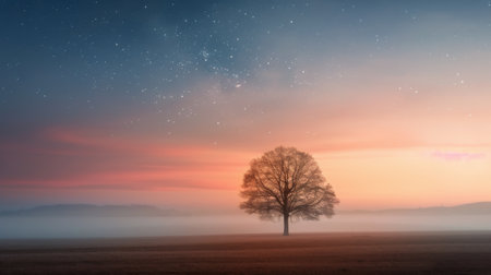 A solitary tree stands prominently in a misty field under a colorful sunset. Soft hues of pink and blue fill the sky as stars begin to appear, creating a serene atmosphere.の素材