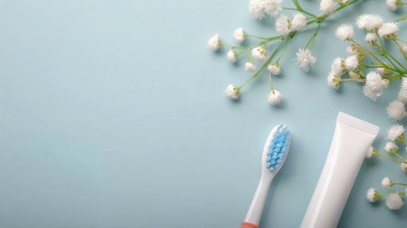 A light blue tube of skincare lotion rests on a textured surface adorned with droplets. Nearby, two translucent beads and delicate white flowers add a touch of nature to the serene setting.の素材