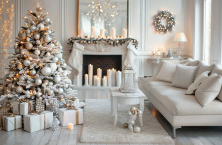A beautifully decorated living room showcases a festive Christmas tree adorned with ornaments. White candles and silver gifts enhance the cozy ambiance, while elegant furnishings create a warm and inviting atmosphere.の素材