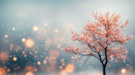 A solitary tree stands prominently in a misty field under a colorful sunset. Soft hues of pink and blue fill the sky as stars begin to appear, creating a serene atmosphere.の素材