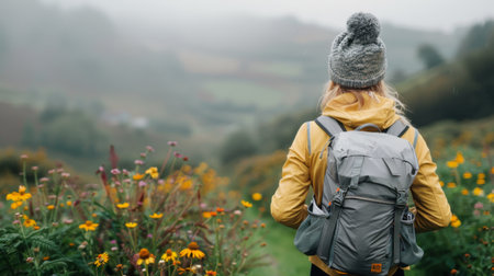 A person in a yellow jacket stands in a colorful meadow, overlooking a tranquil lake surrounded by hills under a cloudy sky. The scene captures the beauty of nature and the spirit of adventure.の素材