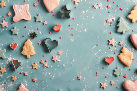 A variety of heart and tree-shaped cookies, adorned with colorful icing, are scattered on a surface dusted with powdered sugar, showing a delightful winter baking theme.の素材