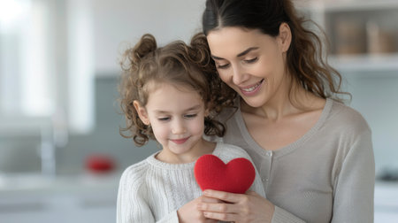 A mother and her young daughter share a joyful moment in a bright kitchen, both smiling while the daughter holds a red heart. The atmosphere is warm and loving, highlighting their close bond.の素材