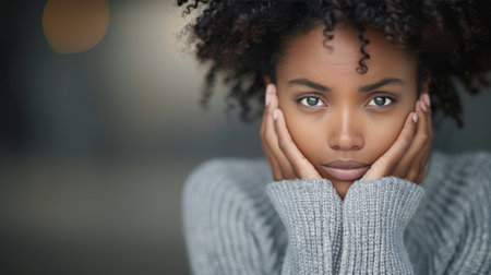 A woman sits at home, visibly emotional as she covers her face with her hands, lost in contemplation. The room's soft lighting enhances the moment of vulnerability and introspection.の素材