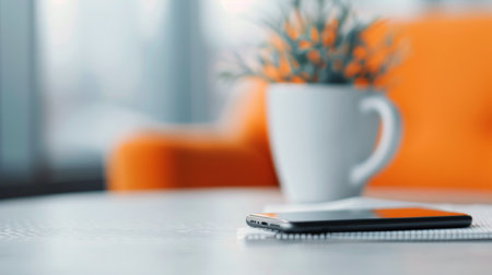 A cozy living room setup features a coffee mug and a tablet on a white table, accompanied by a vase of delicate flowers. The warm orange cushions and soft bokeh lights create a welcoming ambiance.の素材