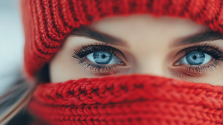 A young woman showcases striking blue eyes partially obscured by a red scarf. Soft lighting highlights her features, creating a captivating, intimate mood in an indoor setting.の素材