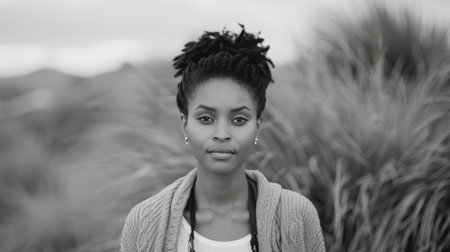 A confident woman stands in a natural landscape, her natural hair styled in locs. The background features lush greenery under a cloudy sky, adding a serene atmosphere to the moment.の素材