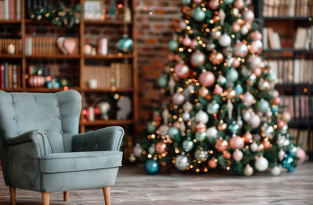 A beautifully decorated Christmas tree adorned with ornaments stands in a cozy living room, next to a stylish armchair. Warm holiday lights illuminated shelves filled with books, creating a festive atmosphere.の素材