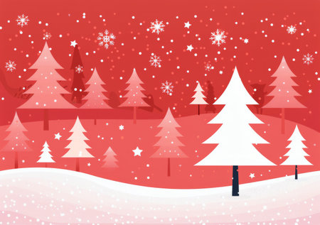 A vibrant winter scene features white snow-covered trees against a rich red background, with falling snowflakes and scattered stars creating a festive atmosphere.の素材