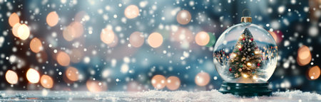 A beautifully crafted snow globe containing a miniature Christmas tree sits on a surface. Snowflakes gently fall around it, and soft, warm lights create a magical, festive atmosphere.の素材