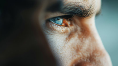 A close-up view captures the striking detail of a man's eye, showing vibrant hues and textures. Natural light emphasizes the depth and intensity, revealing the uniqueness of his gaze.の素材